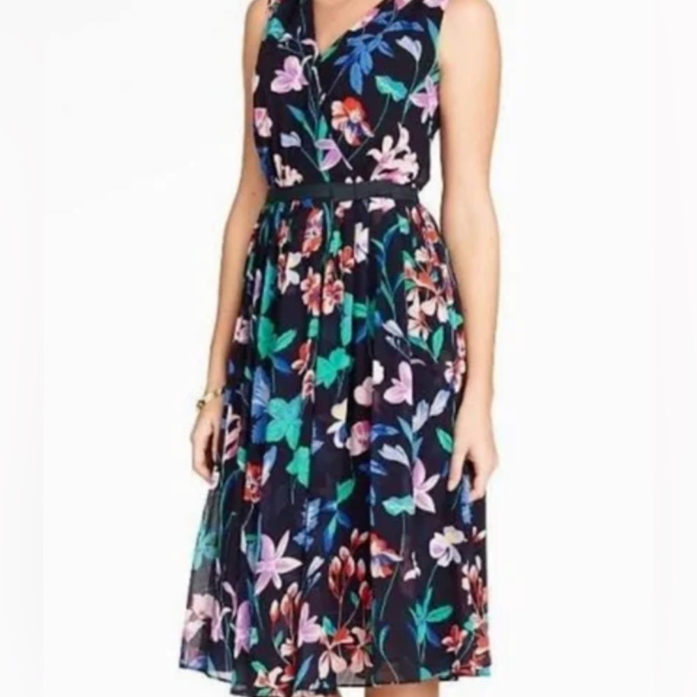 Talbots Fit Flare Floral Dress Navy Blue Purple Green Sleeveless Size 14